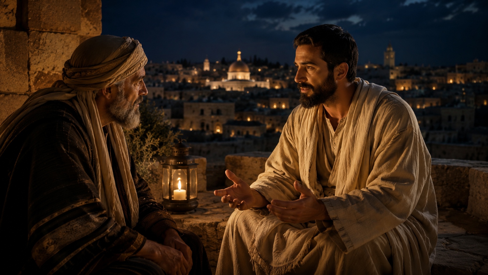 Nicodemos conversando com Jesus sobre o novo nascimento