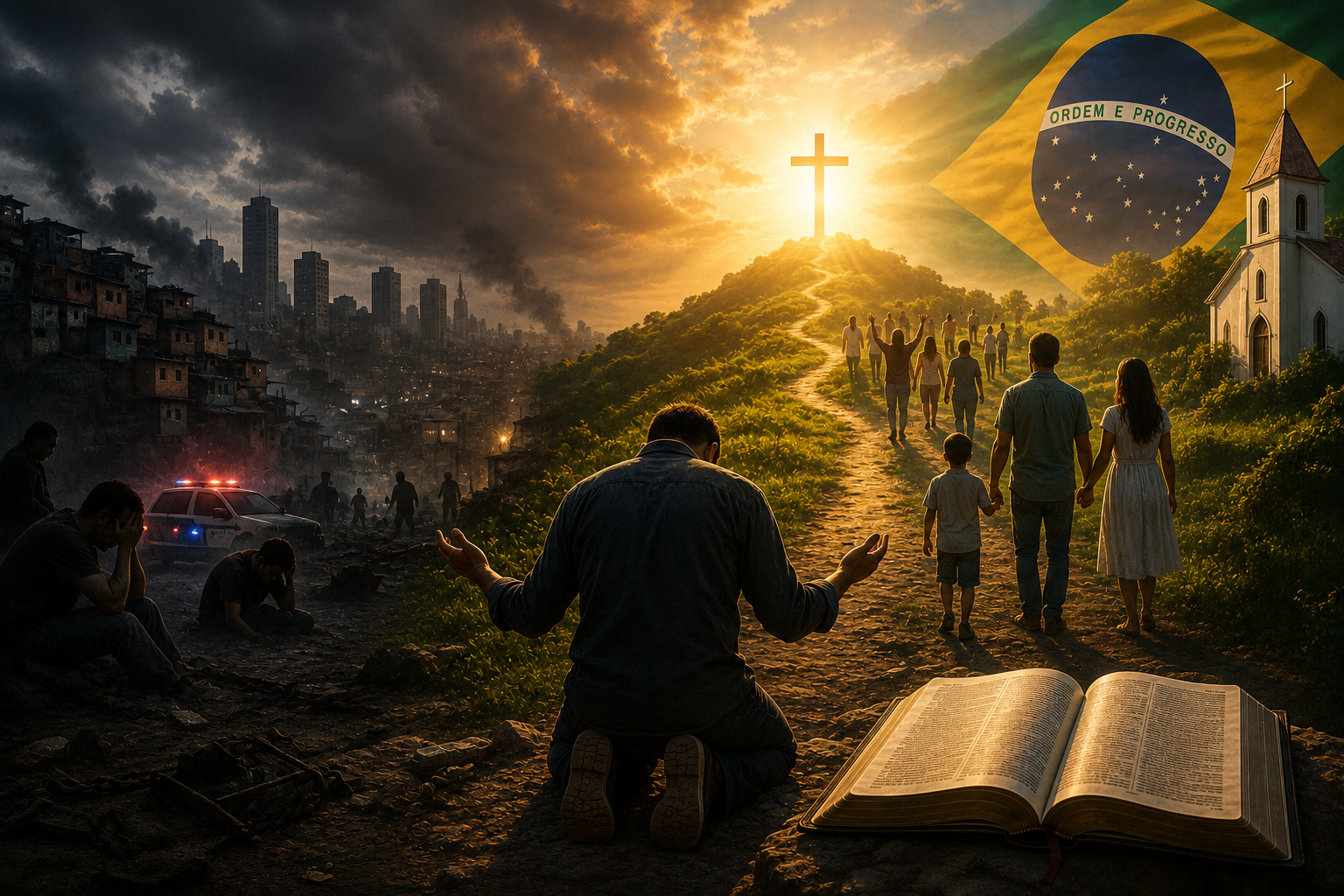 Ore pelo Brasil pois precisa de transformação espiritual — homem em oração pelo Brasil diante da bandeira do Brasil