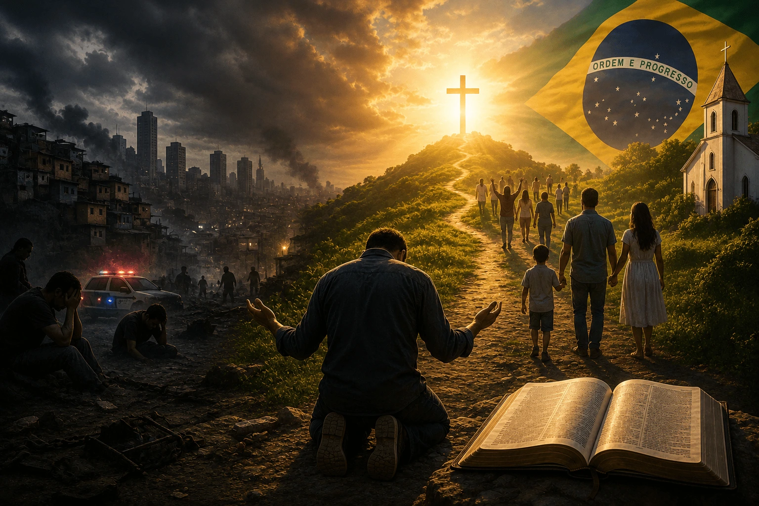 Ore Pelo Brasil 2 Oração pelo Brasil — homem orando pela transformação espiritual da nação diante da bandeira do Brasil